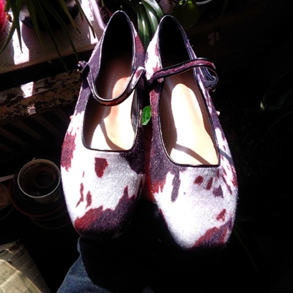 Ballet Mary Jane Flats in Brown & White Cowhide Print - Picture 11 of 14
